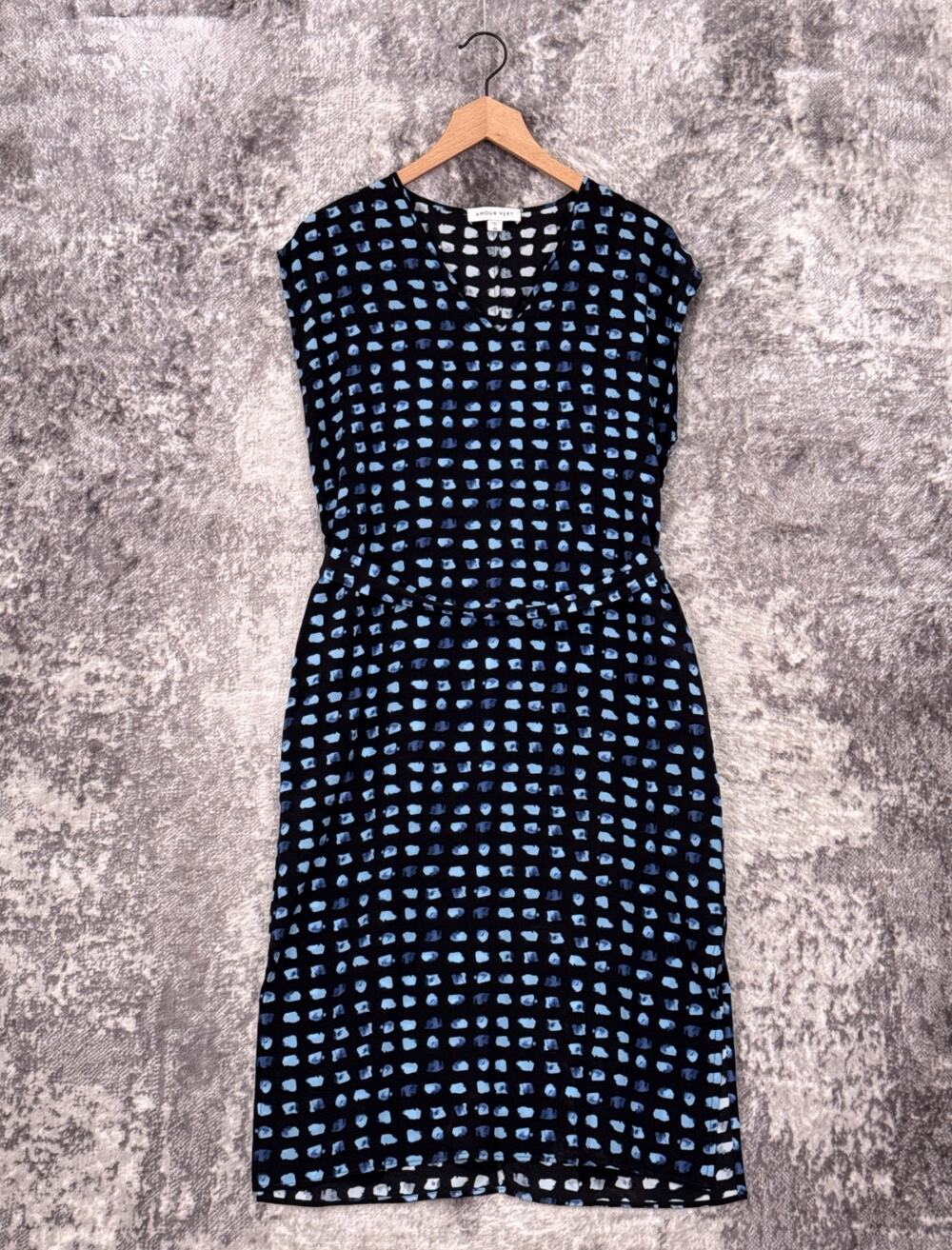 Amour Vert 100% Silk Dress XS Womens Black Blue Geometric Check Tie Waist